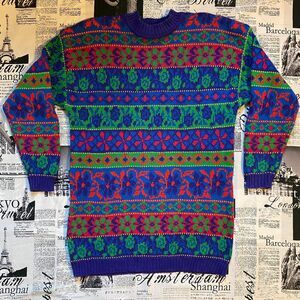 Chaus Women's purple blue colorblock striped printed sweater dress vintage 80s